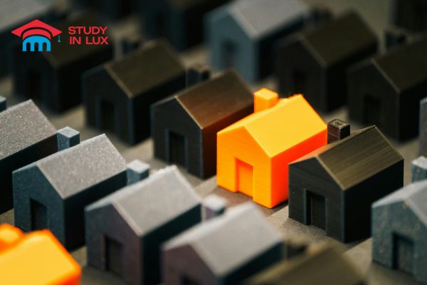 Жилищные субсидии в Люксембурге и реестр доступного жилья RENLA на примере макетов домов с выделенным желтым зданием